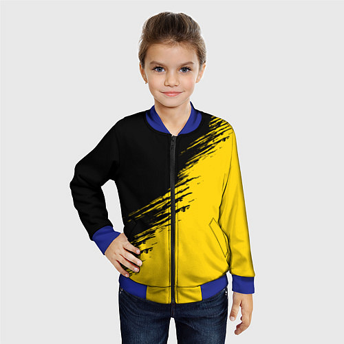 Детский бомбер Черные штрихи на желтом фоне / 3D-Синий – фото 4