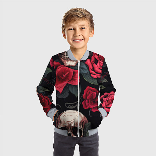 Детский бомбер Черепа с красными розами / 3D-Серый – фото 3
