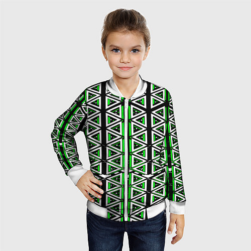 Детский бомбер Бело-зелёные треугольники на чёрном фоне / 3D-Белый – фото 4