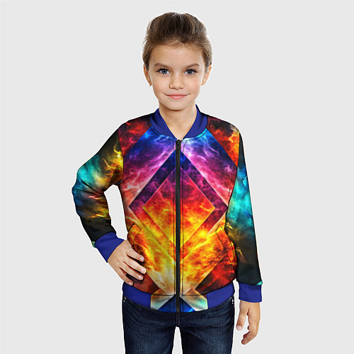 Детский бомбер Красочный неоновый узор с огнем на фоне / 3D-Синий – фото 4