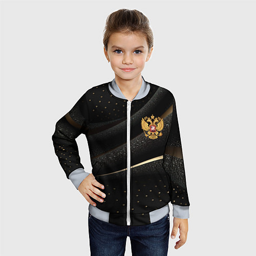 Детский бомбер Золотой герб России на черно-золотой текстуре / 3D-Серый – фото 4