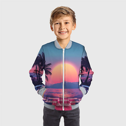 Детский бомбер Пальмы на шахматном полу с видом на закат / 3D-Серый – фото 3