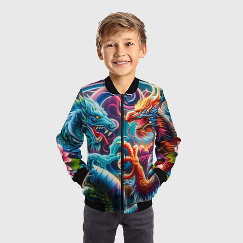 Детский бомбер Противостояние двух драконов - ирезуми / 3D-Черный – фото 3