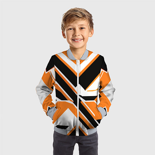Детский бомбер Чёрно-оранжевые широкие линии на белом фоне / 3D-Серый – фото 3