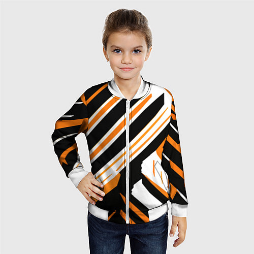 Детский бомбер Чёрно-оранжевые полосы на белом фоне / 3D-Белый – фото 4