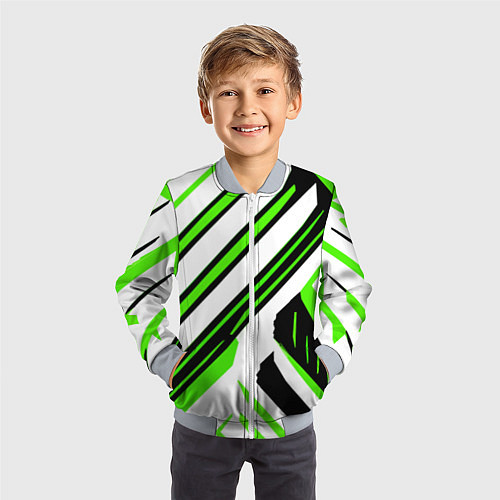 Детский бомбер Чёрно-зелёные полосы на белом фоне / 3D-Серый – фото 3