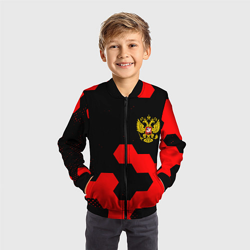 Детский бомбер Герб РФ спортивный стиль соты / 3D-Черный – фото 3