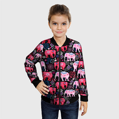Детский бомбер Орнамент разноцветных слонов / 3D-Черный – фото 4