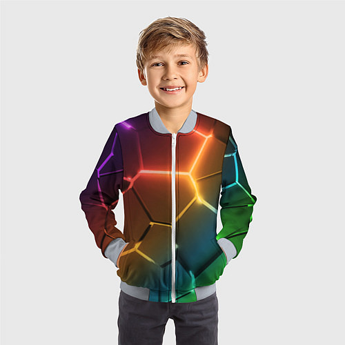 Детский бомбер Радужные неоновые плиты в разломе / 3D-Серый – фото 3