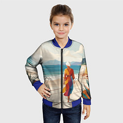 Бомбер детский Летний пейзаж с женщиной на пляже, цвет: 3D-синий — фото 2