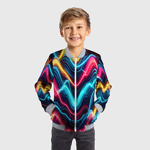 Детский бомбер Хаотичные неоновые полосы - абстракция / 3D-Серый – фото 3