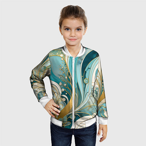 Детский бомбер Бирюзовый с белым растительный узор в мягких тонах / 3D-Белый – фото 4