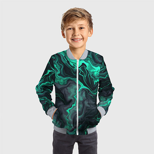 Детский бомбер Бирюзовый мрамор на черном фоне / 3D-Серый – фото 3