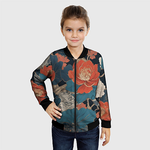 Детский бомбер Цветы в стиле иредзуми / 3D-Черный – фото 4