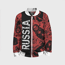 Бомбер детский Россия на фоне матрёшек балалайки и славянских узо, цвет: 3D-белый