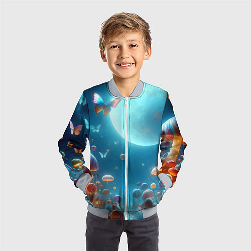 Детский бомбер Сказочные грибы и бабочки под луной - фантазия / 3D-Серый – фото 3