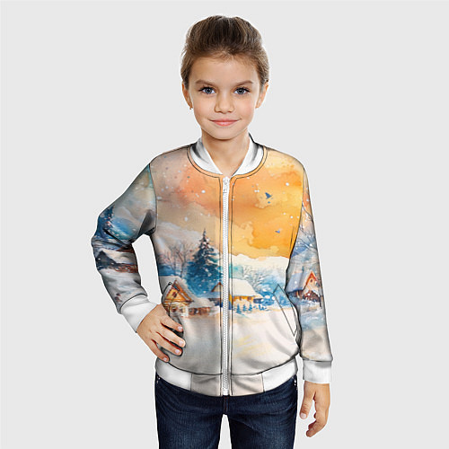 Детский бомбер Деревенский новогодний пейзаж / 3D-Белый – фото 4