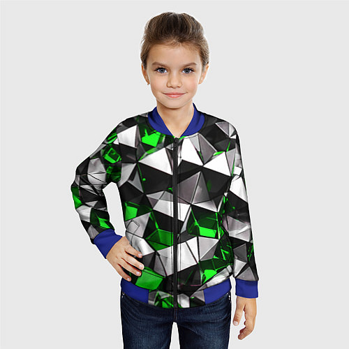 Детский бомбер Зелёно-белые рельефные треугольники на чёрном фоне / 3D-Синий – фото 4