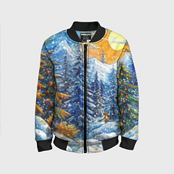 Бомбер детский Новогодние елки в лесу масляные краски, цвет: 3D-черный