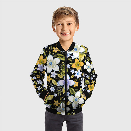 Детский бомбер Жёлто-белые цветы на чёрном фоне / 3D-Черный – фото 3