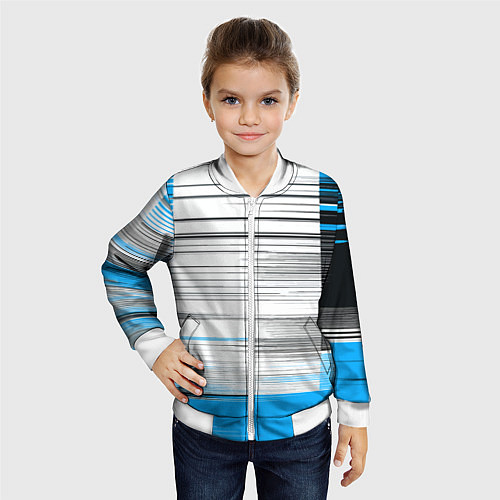 Детский бомбер Чёрные вертикальные полосы на сине-белом фоне / 3D-Белый – фото 4