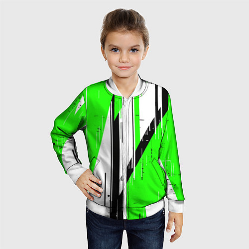 Детский бомбер Black and white vertical stripes on a green backgr / 3D-Белый – фото 4