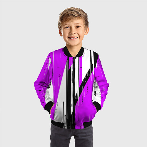 Детский бомбер Чёрно-белые вертикальные полосы на фиолетовом фоне / 3D-Черный – фото 3