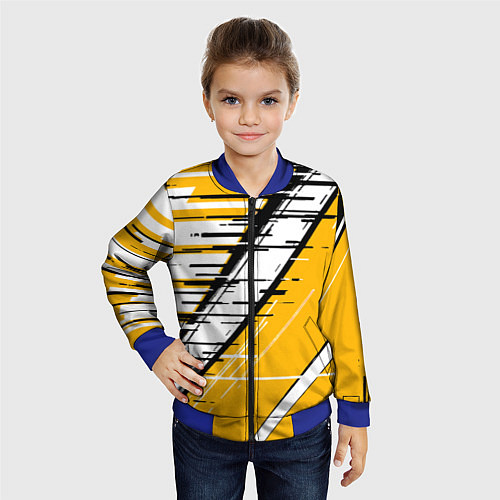 Детский бомбер Чёрно-белые глитч полосы на жёлтом фоне / 3D-Синий – фото 4