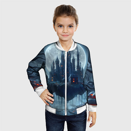 Детский бомбер Замок Дракулы и неоновые грибы - нейроарт фантазия / 3D-Белый – фото 4