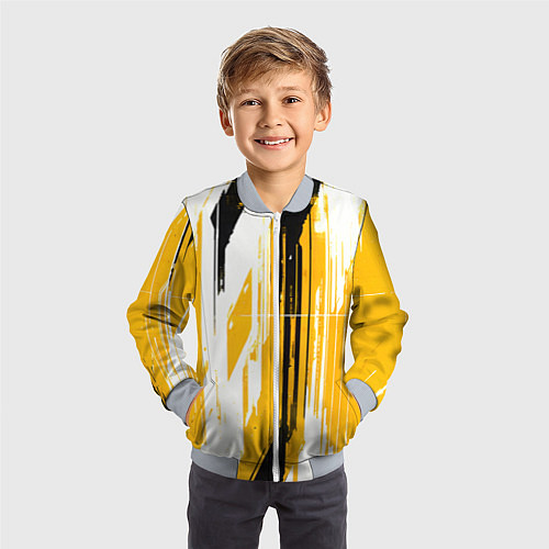 Детский бомбер Вертикальные чёрно-белые линии на жёлтом фоне / 3D-Серый – фото 3