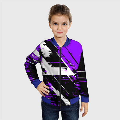 Детский бомбер Diagonal black and white stripes on a purple backg / 3D-Синий – фото 4