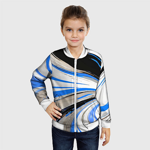Детский бомбер Волнистые бело-синие линии на чёрном фоне / 3D-Белый – фото 4