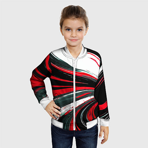 Детский бомбер Волнистые чёрно-красные линии на белом фоне / 3D-Белый – фото 4