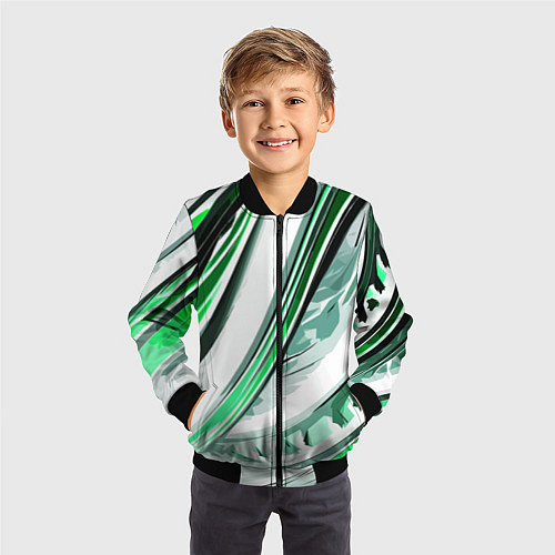 Детский бомбер Волнистая бело-зелёная абстракция / 3D-Черный – фото 3