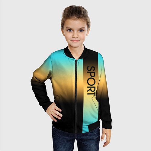 Детский бомбер Sport бирюзово-жёлто-чёрный градиент с полосой / 3D-Черный – фото 4