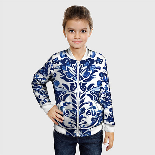 Детский бомбер Гжель русский узор акварель / 3D-Белый – фото 4