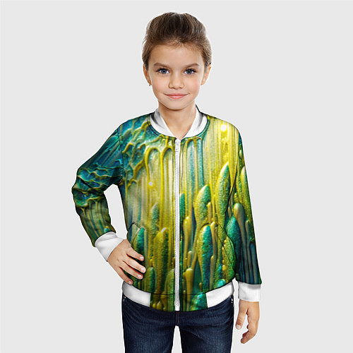 Детский бомбер Золотисто-зеленые потеки / 3D-Белый – фото 4