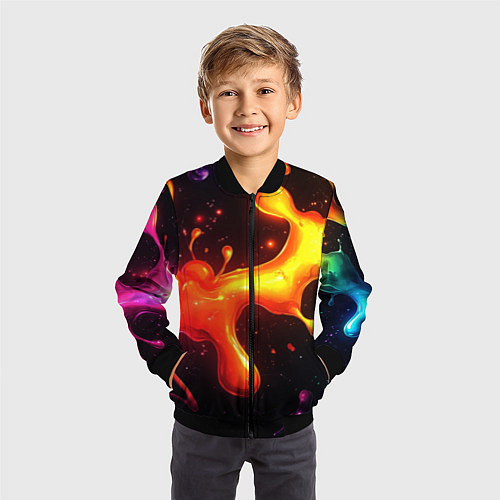 Детский бомбер Радужные кляксы на черном фоне / 3D-Черный – фото 3