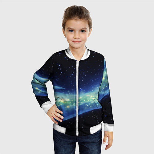 Детский бомбер Синяя волна с зеленым оттенком на черном / 3D-Белый – фото 4