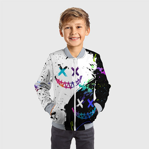 Детский бомбер Неоновые брызги - жуткие улыбки / 3D-Серый – фото 3