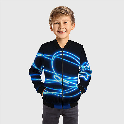 Детский бомбер Неоновые голубые волны на черном фоне / 3D-Черный – фото 3