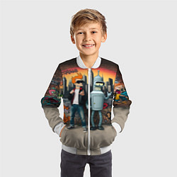 Бомбер детский Фрай и Бендер на фоне стены с граффити, цвет: 3D-белый — фото 2