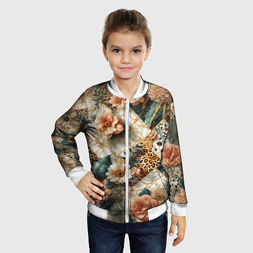 Детский бомбер Цветы на кусках мрамора и леопардовом узоре / 3D-Белый – фото 4