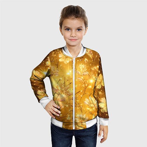 Детский бомбер Цветочный золотой с искрами / 3D-Белый – фото 4