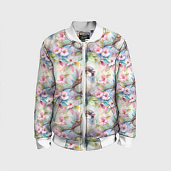 Бомбер детский Воробей в ярких цветах паттерн, цвет: 3D-белый