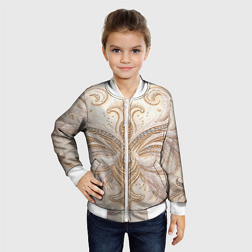 Детский бомбер Перламутровый орнамент с перьями / 3D-Белый – фото 4