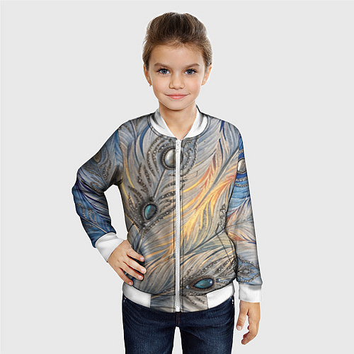 Детский бомбер Синие перья с самоцветами / 3D-Белый – фото 4