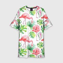 Платье клеш для девочки Фламинго в тропиках, цвет: 3D-принт