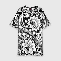 Платье клеш для девочки Хохлома черно-белая, цвет: 3D-принт