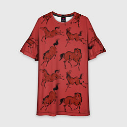 Платье клеш для девочки Красные кони, цвет: 3D-принт